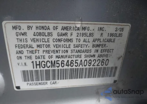 2005 Honda Accord 2.4 Lx from USA, damaged, VIN 1HGCM56465A092260